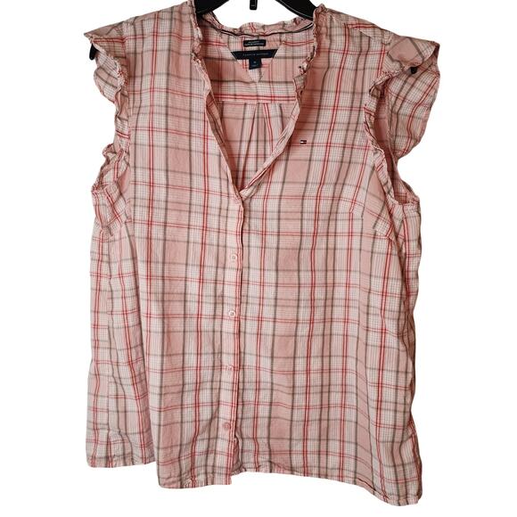 Tommy Hilfiger Womens Top Med. Plaid Pink Gray & White Ruffle Colin Button Down - Picture 1 of 8